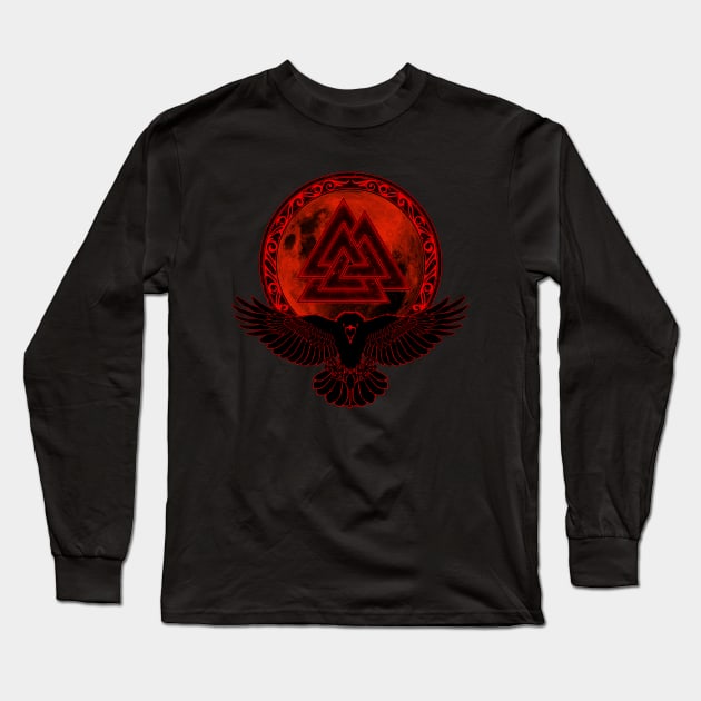 Viking Raven, Moon and Valknut Symbol Long Sleeve T-Shirt by NicGrayTees